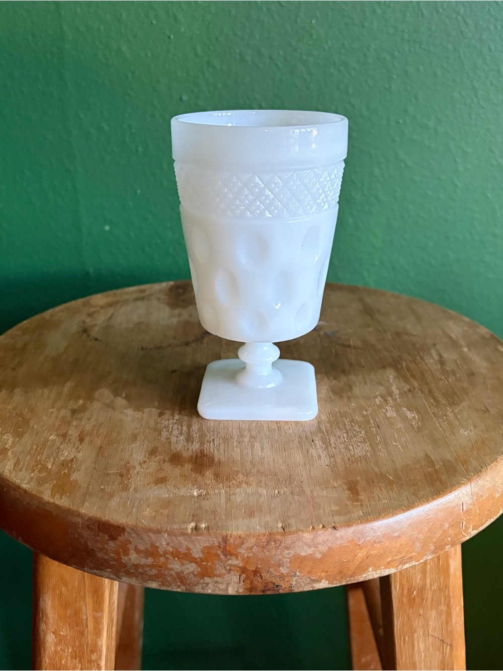 Vintage McKee Opal Milk Glass thumbprint goblet